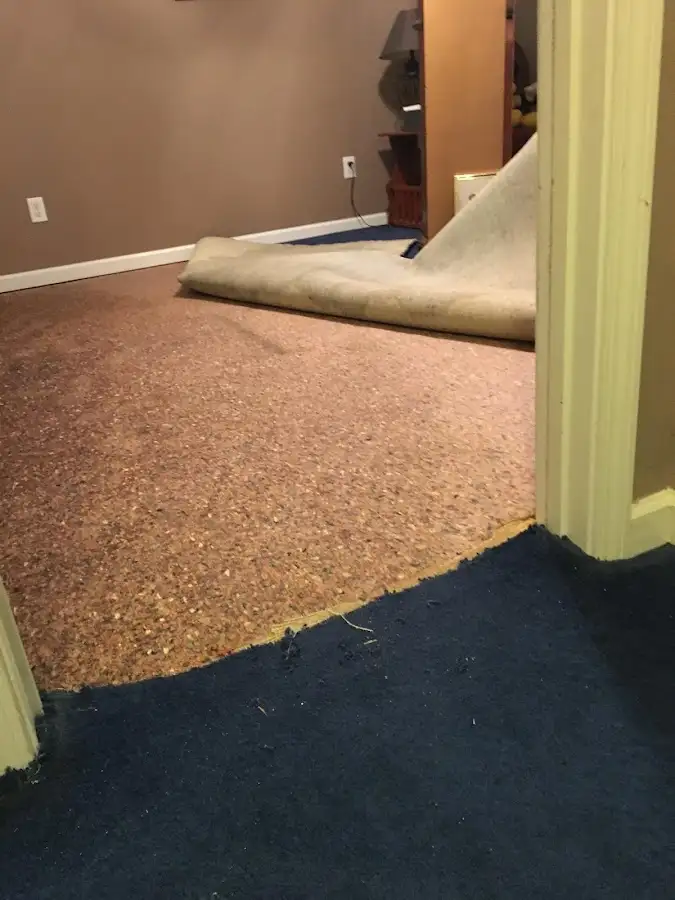 Carpet pad removal revealing water damage during Water Mitigation Services in Aledo